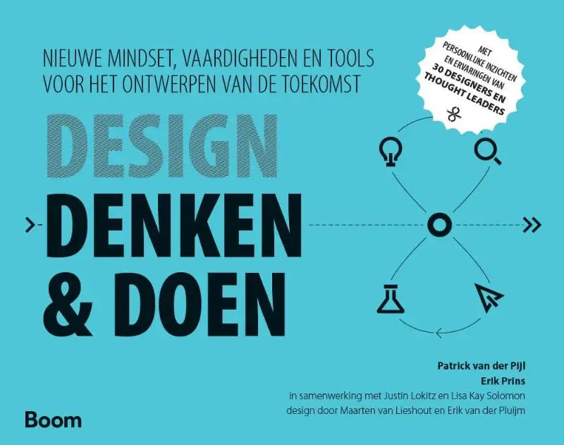 Het boek design denken & doen van erik prins heeft een levendige turquoise omslag met prominente zwarte tekst en is uitgegeven door koninklijke boom uitgevers