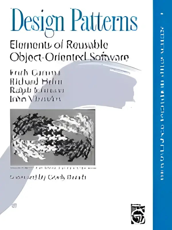 De boekomslag van design patterns elements of reusable object-oriented software met lichtblauwe achtergrond en moderne letters