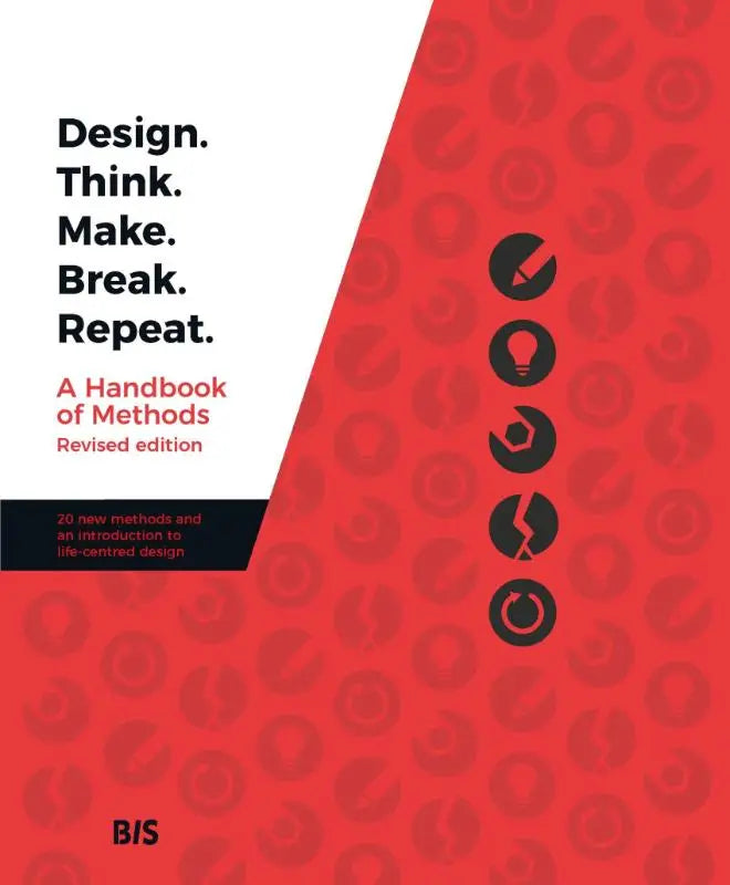 Rode hardcover ontwerpboek design think make break repeat revised edition van baki kocaballi en cara wrigley met witte diagonale streep