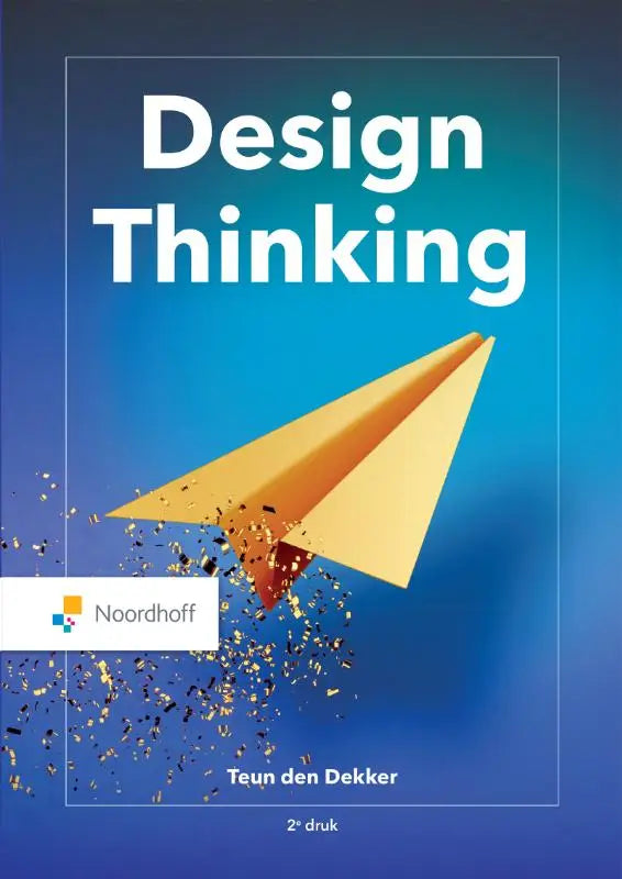 Blauwe boekomslag design thinking met gouden vliegtuig tegen blauwe achtergrond door teun den dekker management algemeen