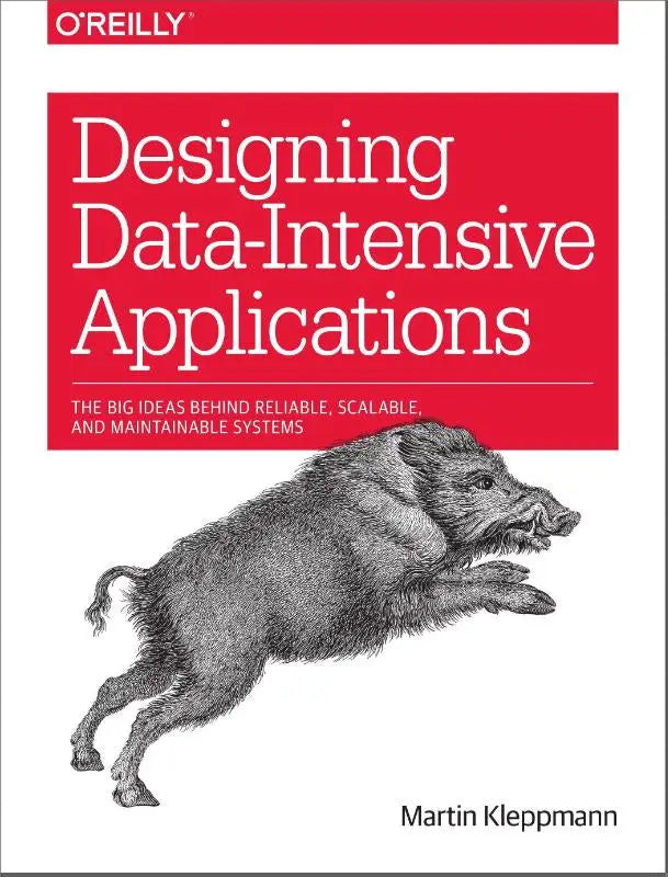 Rood hardcoverboek designing data-intensive applications van martin kleppmann met illustratie van een wild zwijn en big ideas behind maintainable systems