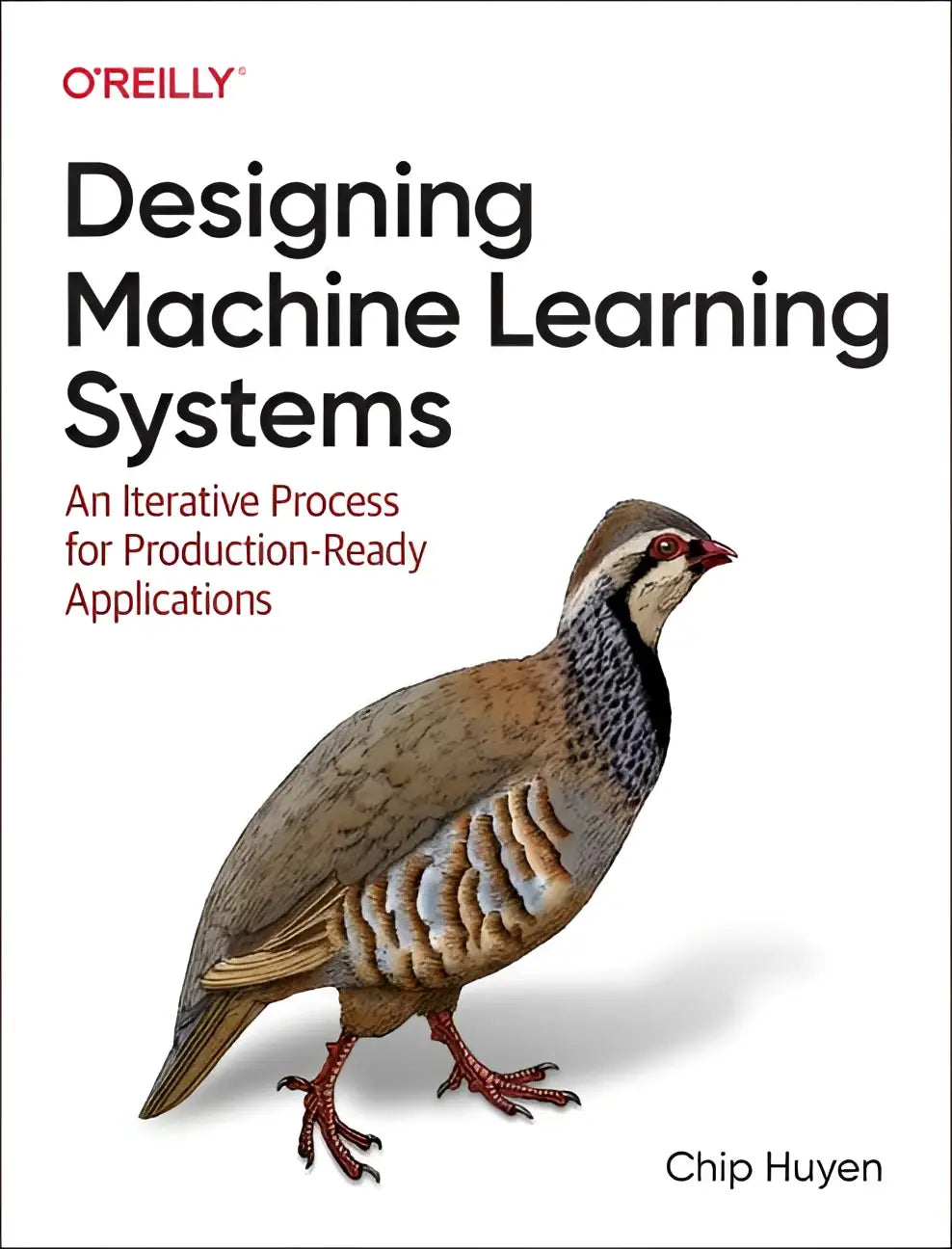 Cover van het boek designing machine learning systems van o’reilly met een gedetailleerde afbeelding van een patrijs
