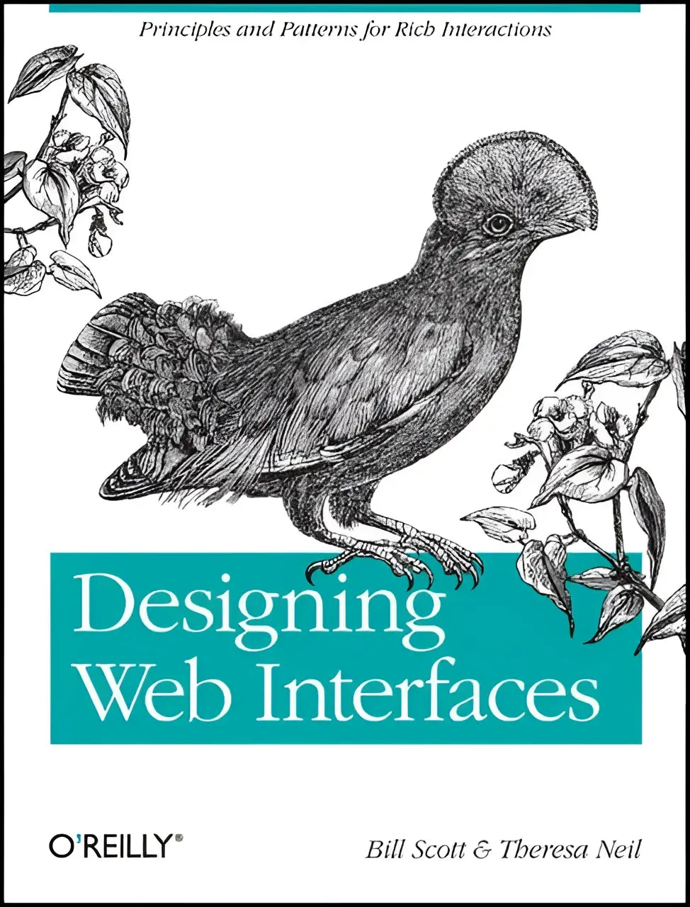 The book cover for designing web interfaces features a detailed black and white bird illustration against a white background