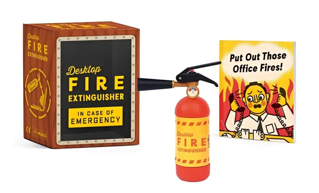 Rood en geel desktop fire extinguisher met zwart handvat van het merk desktop inclusief batterij voor desktop fire gebruik