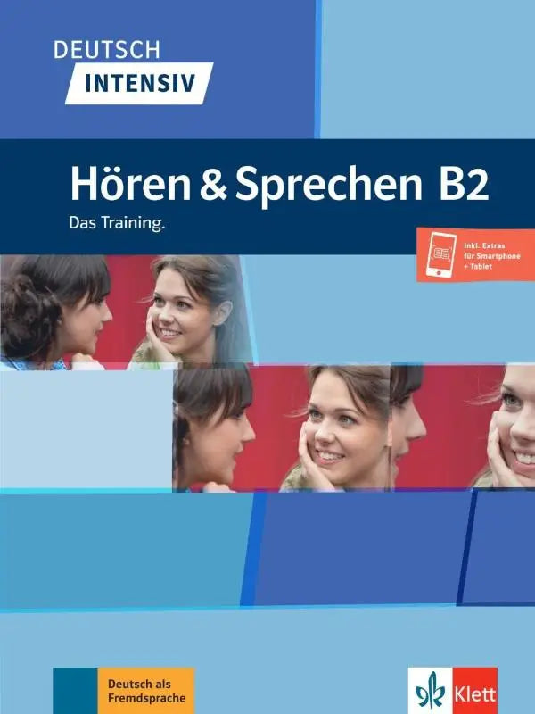 Blauw-wit omslag van het horen en spreken b2 duitse taalcursusboek van klett voor deutsch intensiv horen und sprechen b2