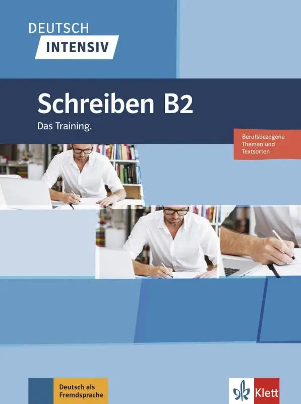 Blauw-witte cover van het deutsch intensiv schreiben b2 leerboek van klett voor intensief schrijven Duits niveau B2
