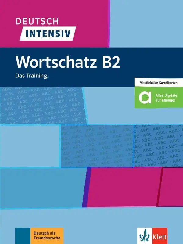 Deutsch intensiv wortschatz b2 taalboek door klett met een modern geometrisch ontwerp in magenta en blauw panelen