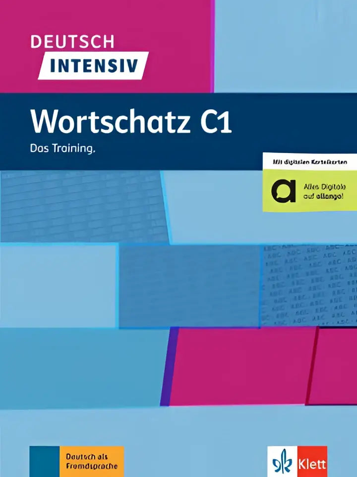 De cover van deutsch intensiv wortschatz c1 niveau behandelt duitse woordenschat met geometrisch ontwerp in magenta en blauw