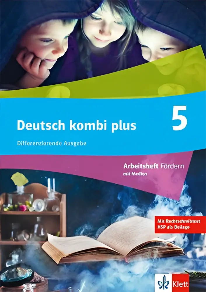Blauwe en paarse omslag van het deutsch kombi plus 5 werkboek met drie kinderen die een open boek bekijken met mystieke rook