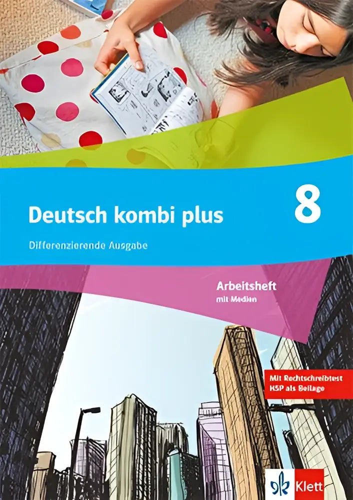 Cover van het deutsch kombi plus 8 arbeitsheft mit medien met kleurrijk geometrisch ontwerp en stadsachtergrond