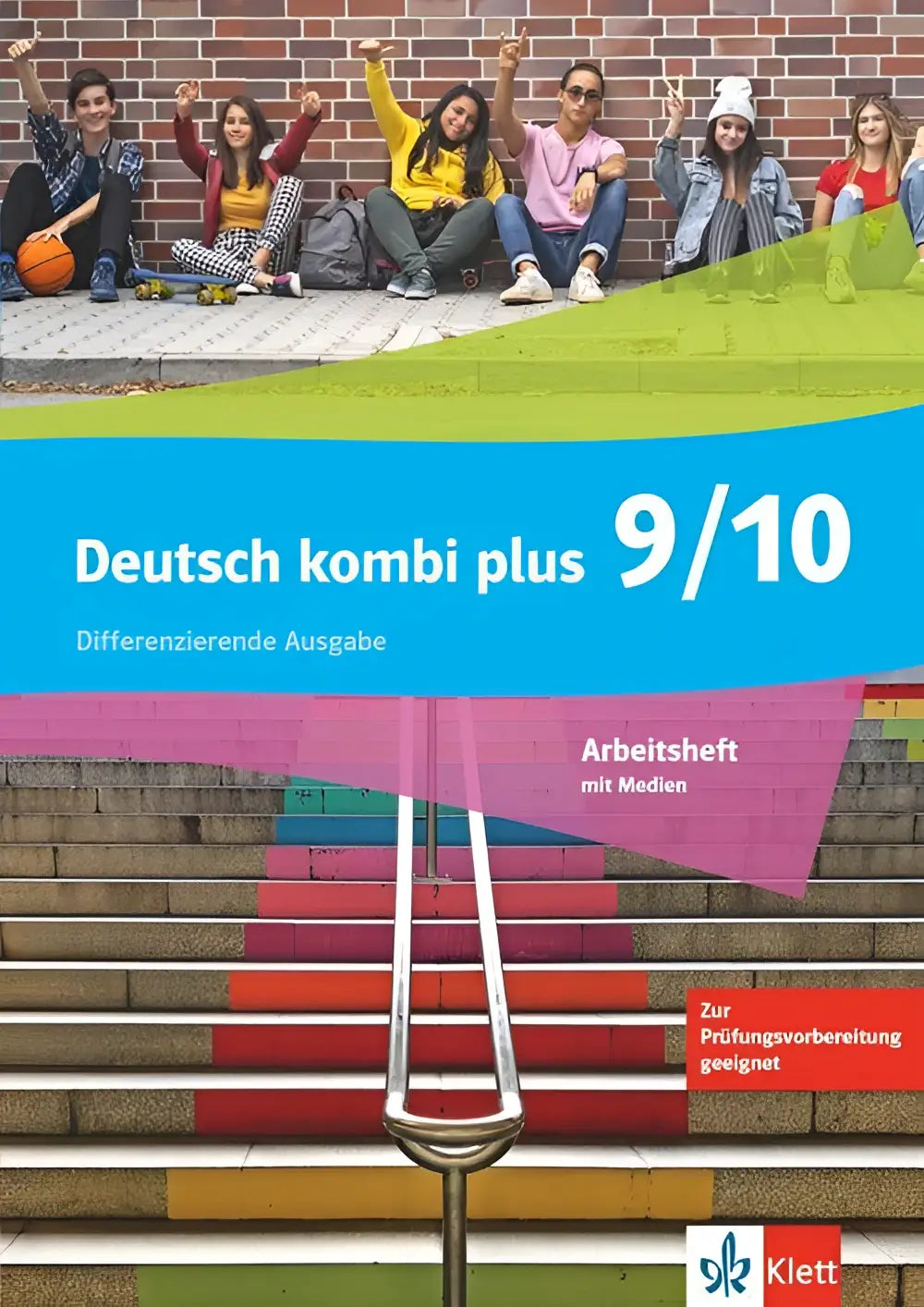 Cover van het deutsch kombi plus 9/10 arbeidsboek met differenzierende ausgabe en kleurrijke trapontwerp
