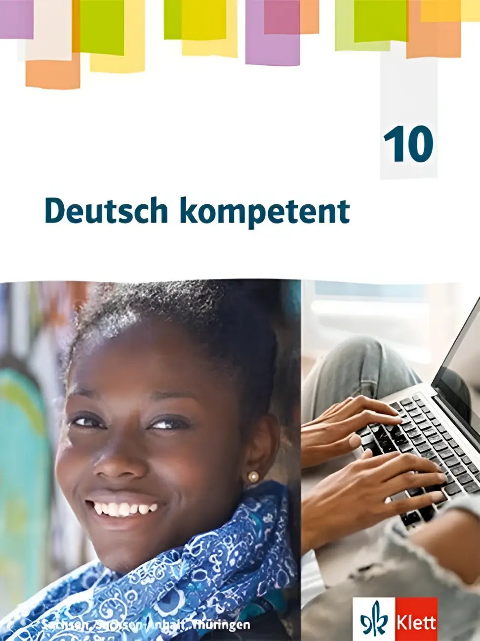 Voorkant van het arbeitsheft mit interaktiven oefeningen deutsch kompetent 10 met blauwe sjaal en typen op laptop