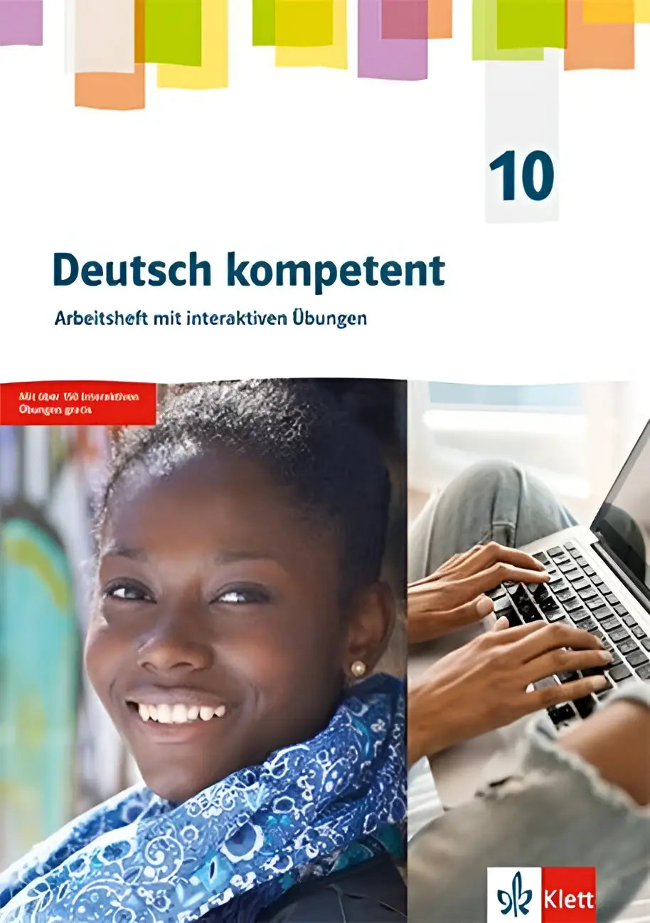Deutsch kompetent 10 arbeitsheft mit interaktiven oefeningen toont een glimlachende vrouw met blauwe sjaal en laptop