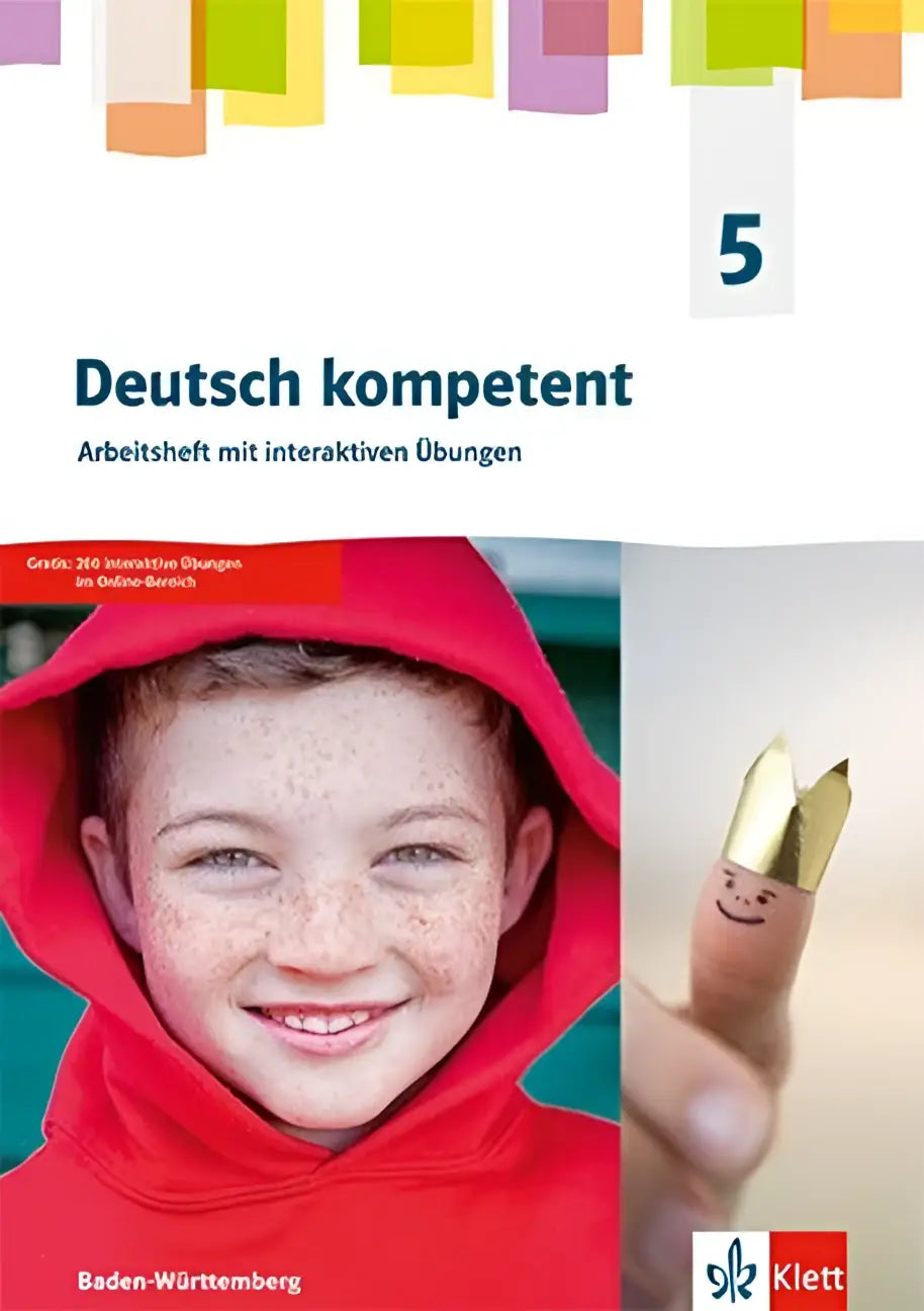Kind in rood hoodie met sproeten poseren bij arbeitsheft mit medien deutsch kompetent 5 klasse 5 baden württemberg