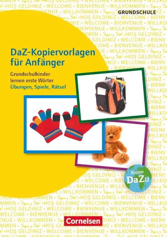 Gele boekcover van daz-kopiervorlagen für anfänger door cornelsen met kleurrijke kindershandschoenen en rugzak voor deutsch lernen met fotokarten