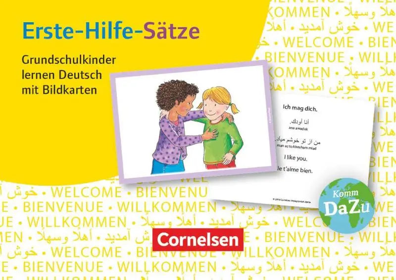Cornelsen erste-hilfe-sätze kinderen leerkaarten met illustraties en meertalige zinnen op gele achtergrond voor deutsch lernen met fotokarten