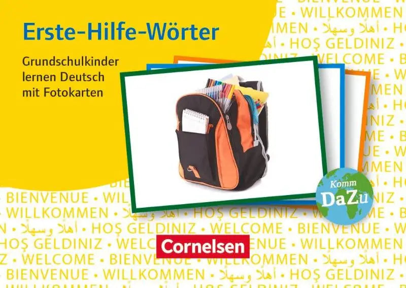 Een zwarte en oranje schoolrugzak gevuld met notitieboeken en kleurpotloden voor deutsch lernen mit fotokarten