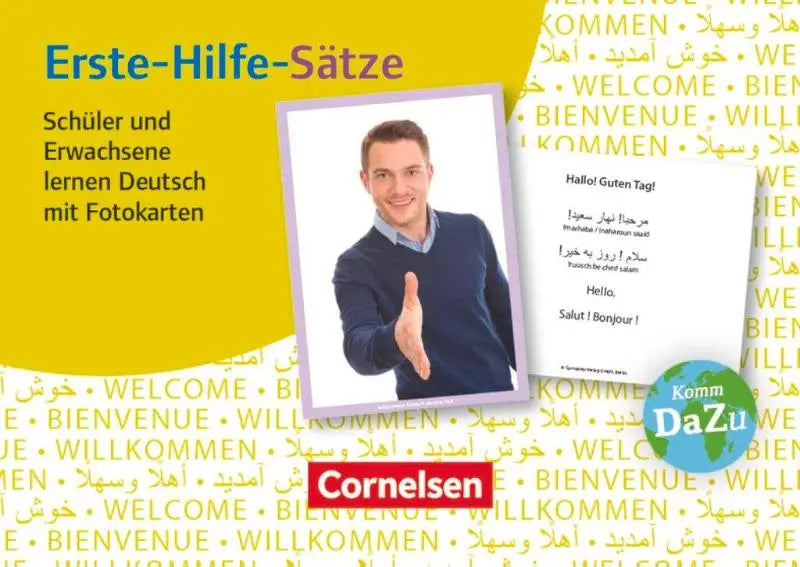 Cornelsen erste-hilfe-sätze leerkaart met lachende man in blauwe trui die hand uitsteekt voor deutsch lernen met fotokarten
