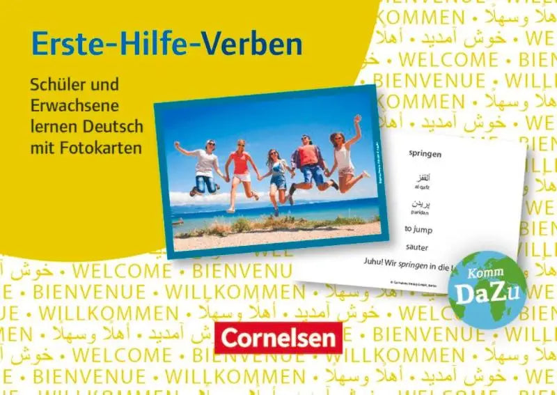 Cornelsen deutsch lernen met fotokarten set eerste hulp werkwoorden met kleurrijke strandfoto en meertalige woordenlijsten