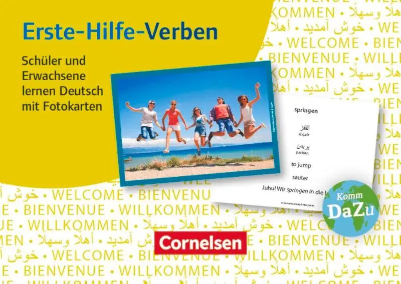 Cornelsen educatieve fotokaarten set deutsch lernen mit eerste hulp werkwoorden met levendig strandtafereel