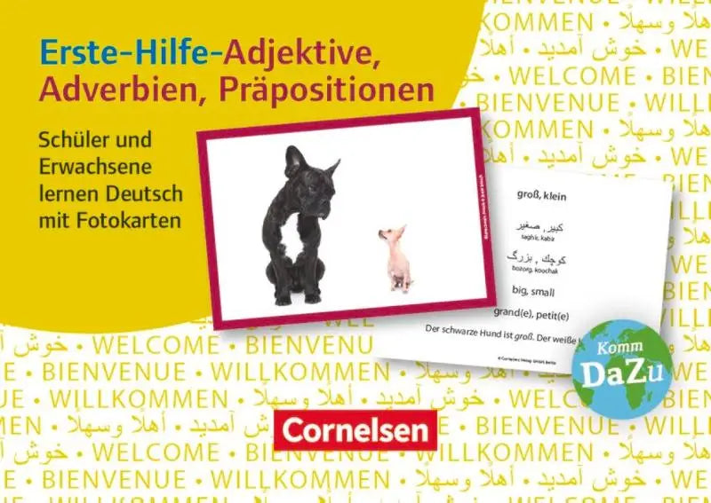 Fotokarten mit zwarte Franse bulldog en roze chihuahua voor deutsch lernen mit fotokarten en eerste-hilfe in Duits