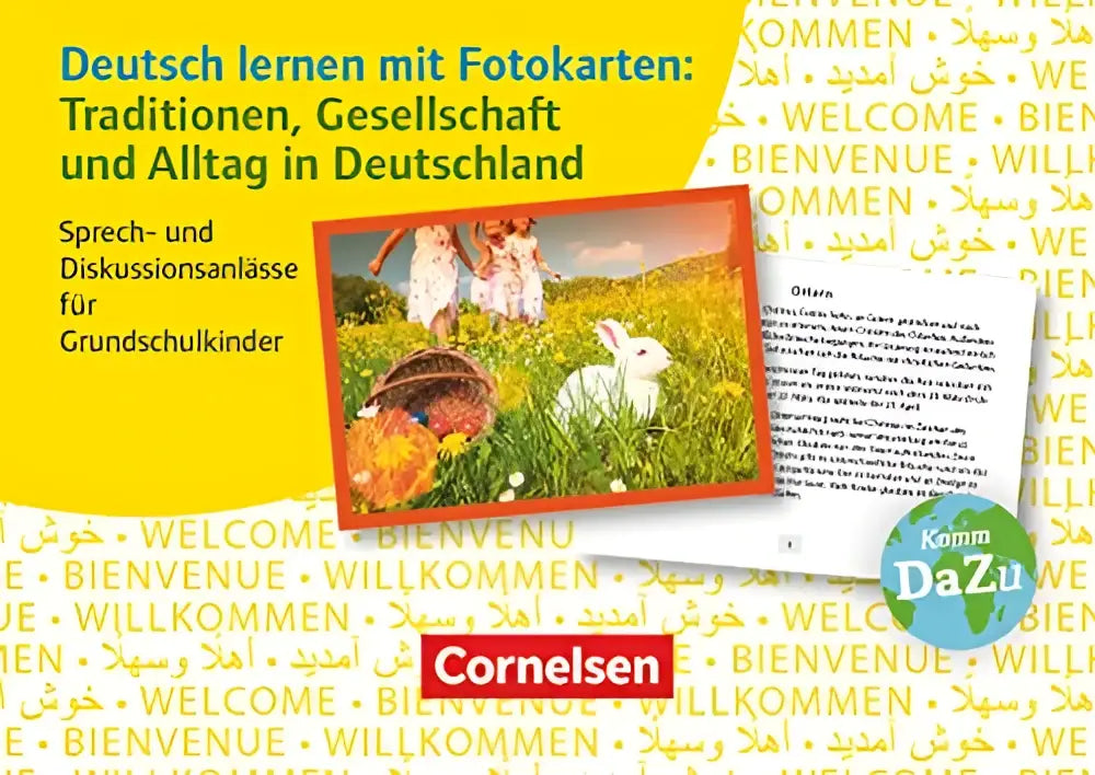 Een gele educatieve fotokaart van cornelsen met kleurrijke illustraties voor deutsch lernen mit fotokarten