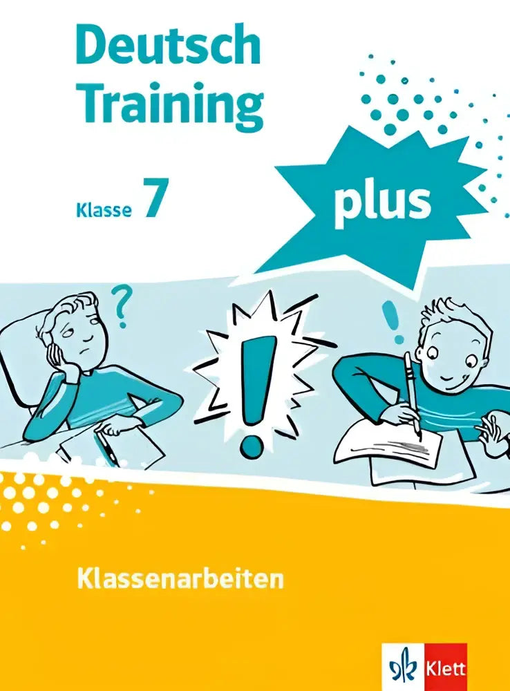 Blauwgele omslag van deutsch training plus schülerarbeitsheft mit lösungen klasse 7 met cartoonillustraties