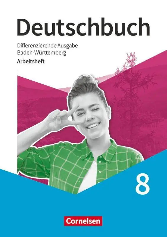 Cover van deutschbuch 8 schuljahr sprach- und lesebuch met lerende vrouw in groen geruit overhemd voor baden-württemberg