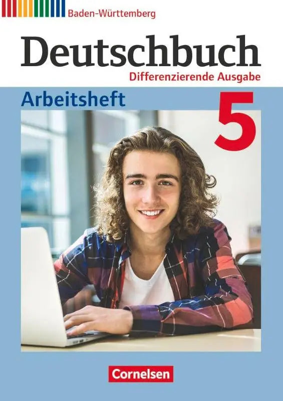 Blauw omslag werkboek deutschbuch band 5 met differenzierende ausgabe en lachende man met laptop voor 9e leerjaar