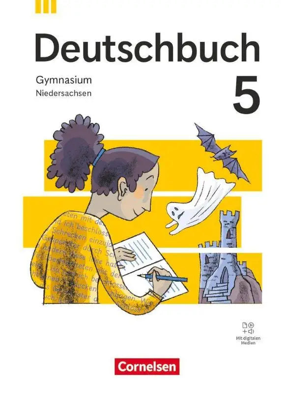 Gele deutschbuch gymnasium 5 schuljahr ausgabe niedersachsen schulbuch mit digitalen medien en met cartoon meisje schrijven met vleermuizen en spoken