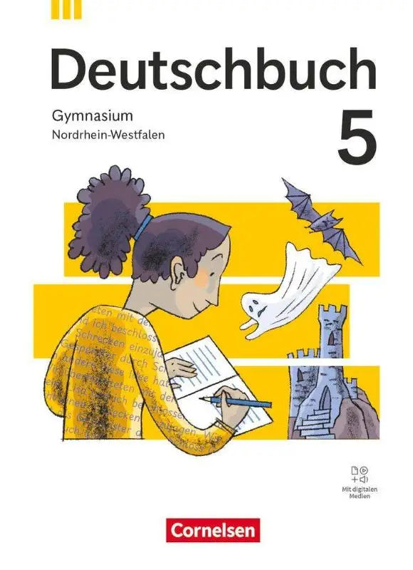 Gele deutschbuch gymnasium 5 schuljahr mit digitalen medien voor nordrhein-westfalen met cartoon student en spookjes