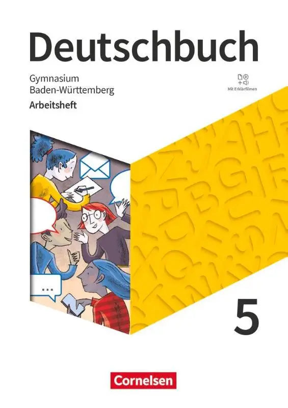 Gele tekstured cover deutschbuch gymnasium arbeitsheft mit illustraties en nummer 5 voor 5e klas Baden-Württemberg 2025