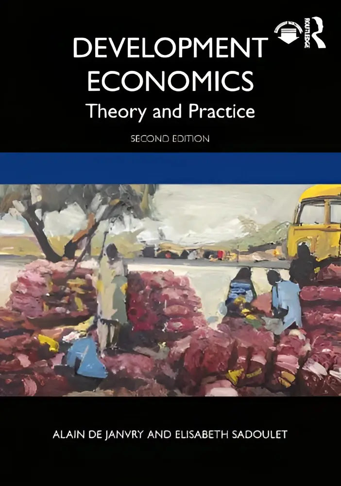 De boekcover van development economics theory and practice tweede editie toont een geschilderde scène met rode zakken