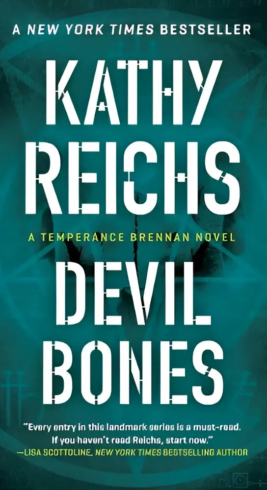 De boekcover van devil bones door kathy reichs toont de titel met witte letters tegen een donker turquoise achtergrond met skeletten