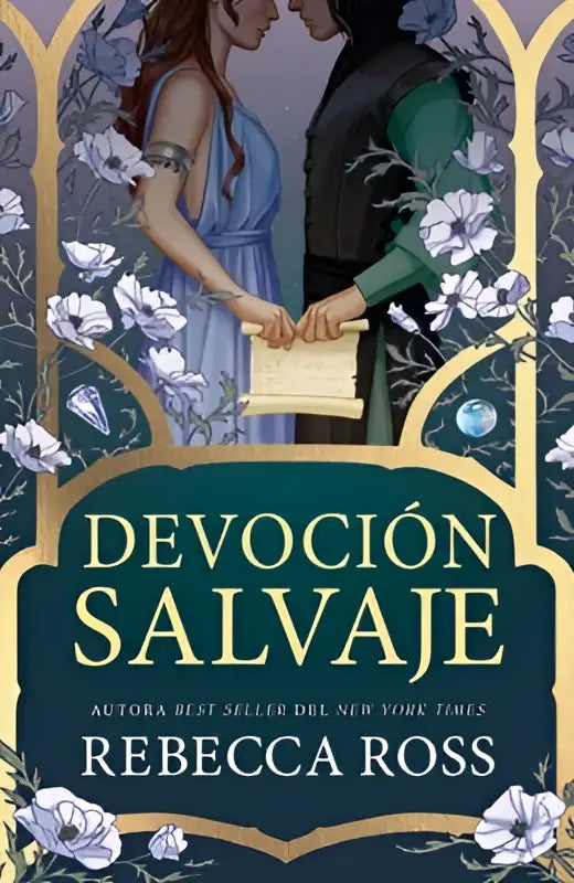 Devooción salvaje door rebecca ross met illustratie van twee figuren in historische kleding en witte bloemen