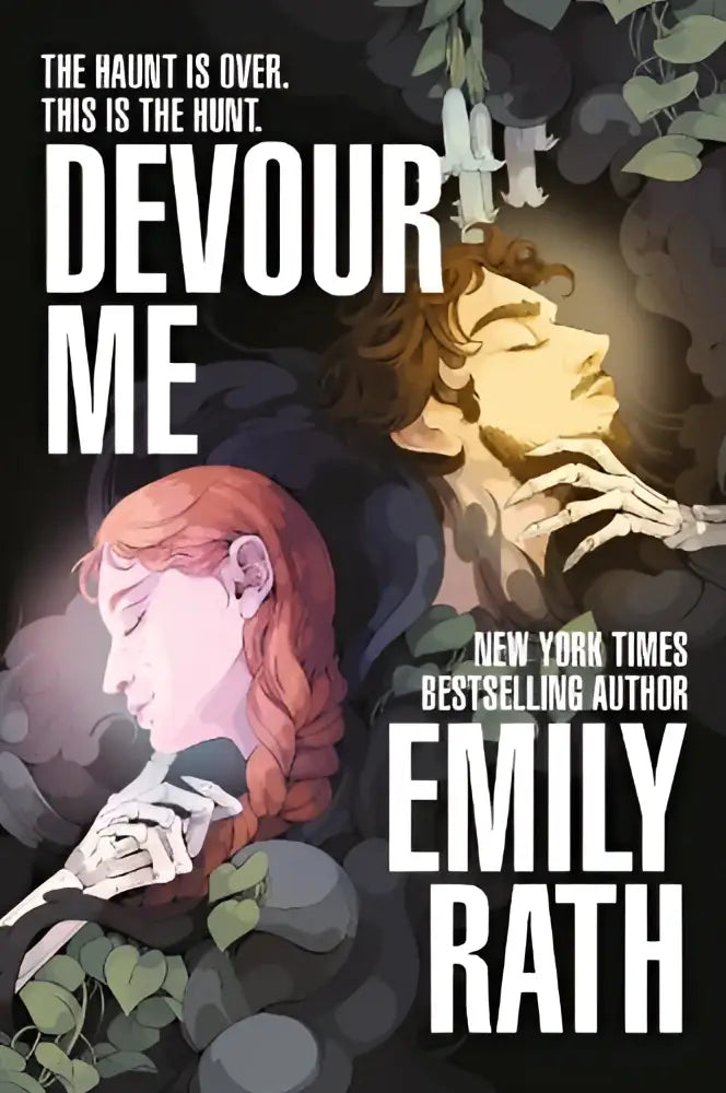 Cover van het boek devour me door emily rath met een donkere illustratie van twee figuren en een microfoon