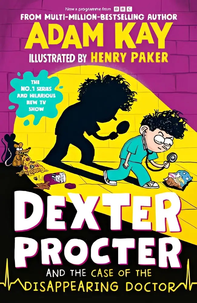 De kleurrijke cover van dexter procter and the case of the disappearing doctor toont een cartoon van dexter procter met vergrootglas