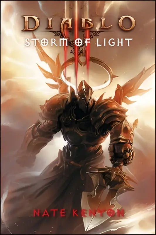 Diablo III storm of light albumhoes toont een donkere gewapende krijger met gloeiende rode vleugels en een stralende halo