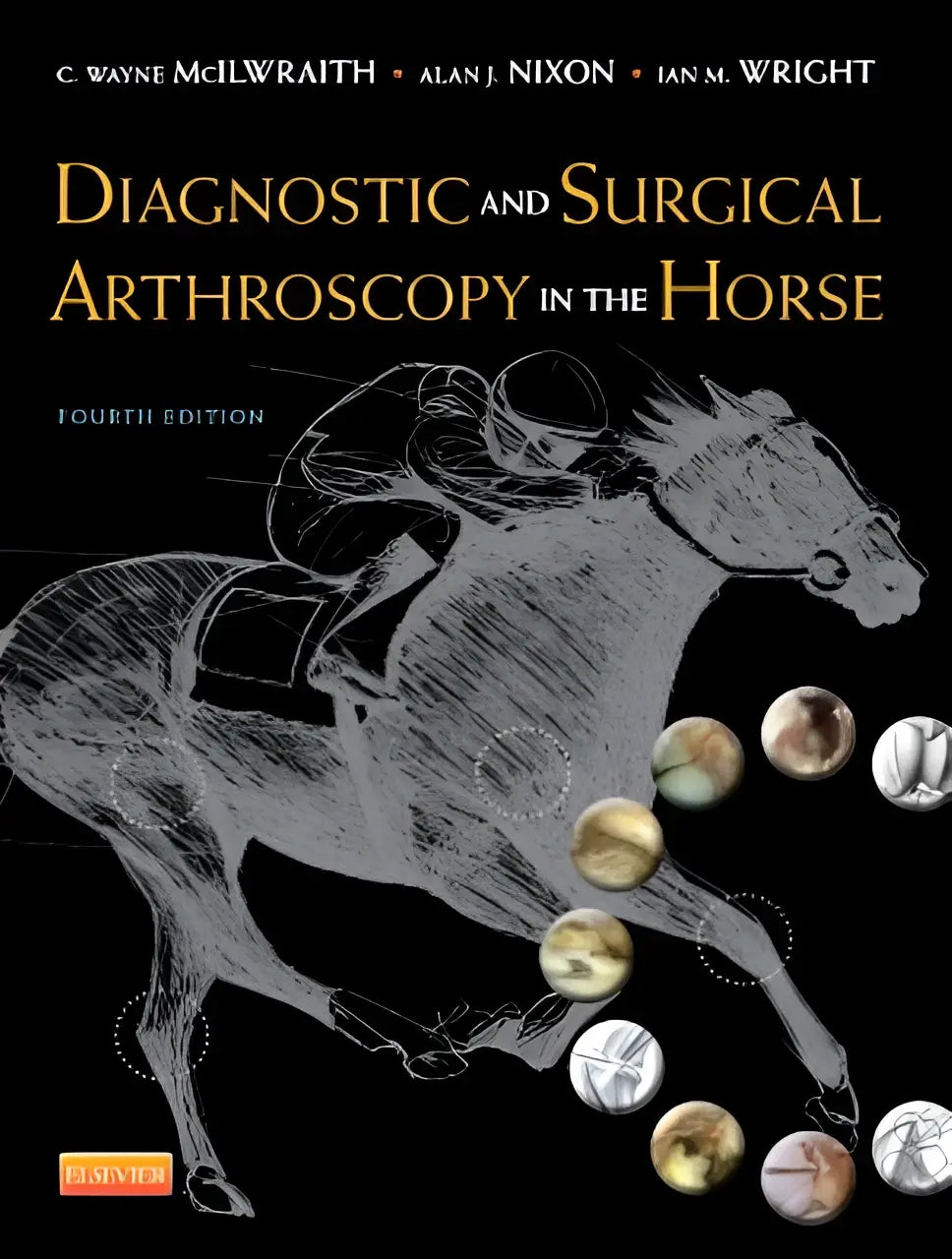 Zwart boekomslag met een grijswaardige illustratie van een paard met ruiter getiteld diagnostic and surgical arthroscopy in the horse vierde editie