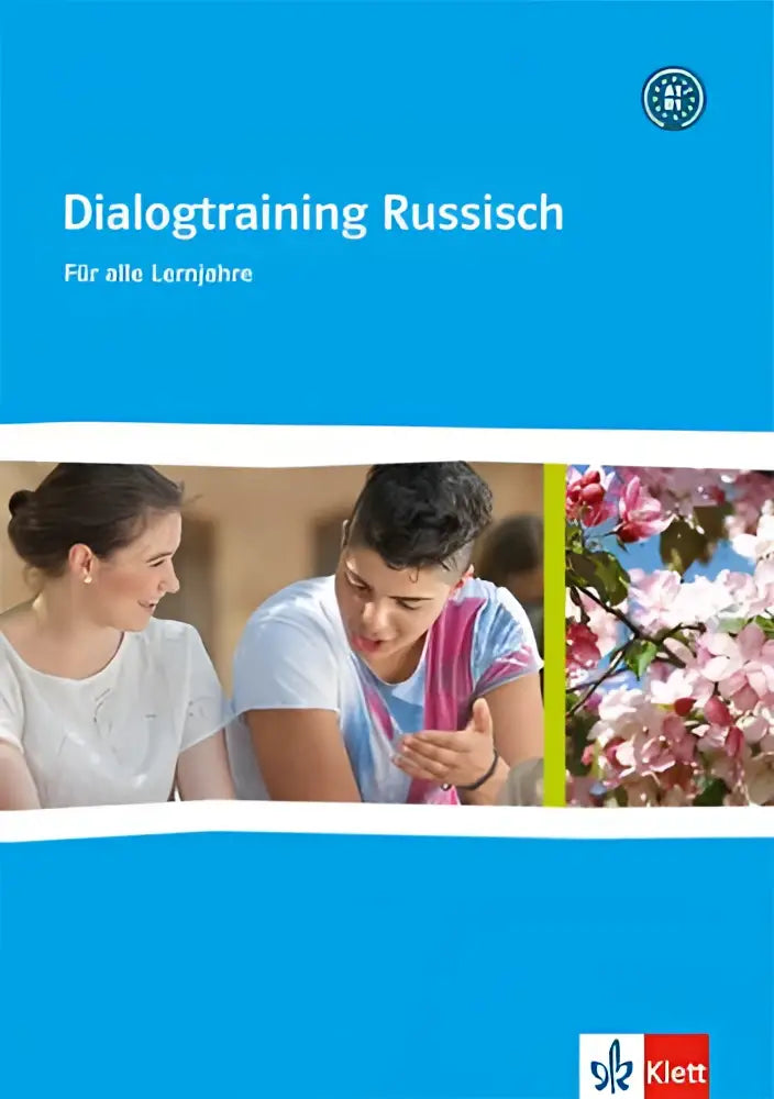 Blauwe dialogtraining russisch boekomslag met titel en afbeelding van twee pratende personen bij kersenbloesem