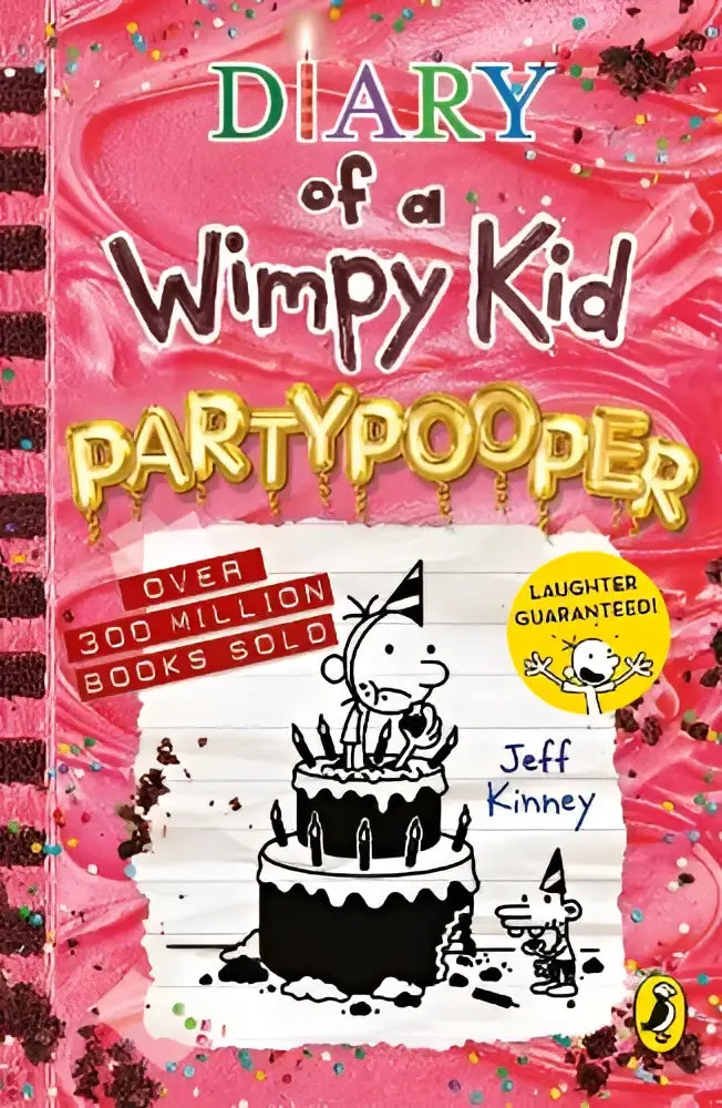 Pink cake with chocolate frosting and sprinkles topped with a cartoon character from diary of a wimpy kid teenage fiction by jeff kinney