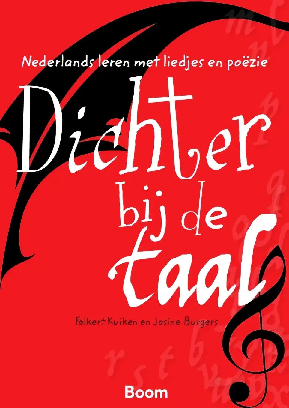 Rode boekomslag met witte gestileerde tekst en zwarte muzieksymbolen voor dichter bij de taal