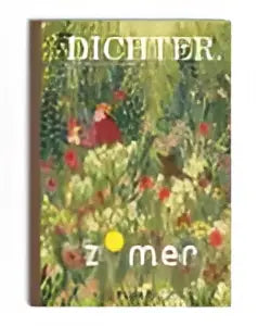 De boekcover van dichter zomer toont rode bloemen en groen blad met titel in serif lettertype voor jonge lezers