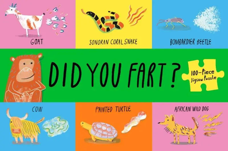 De kleurrijke did you fart 100-piece jigsaw puzzle toont cartoon dieren met geïllustreerde scheetbubbels