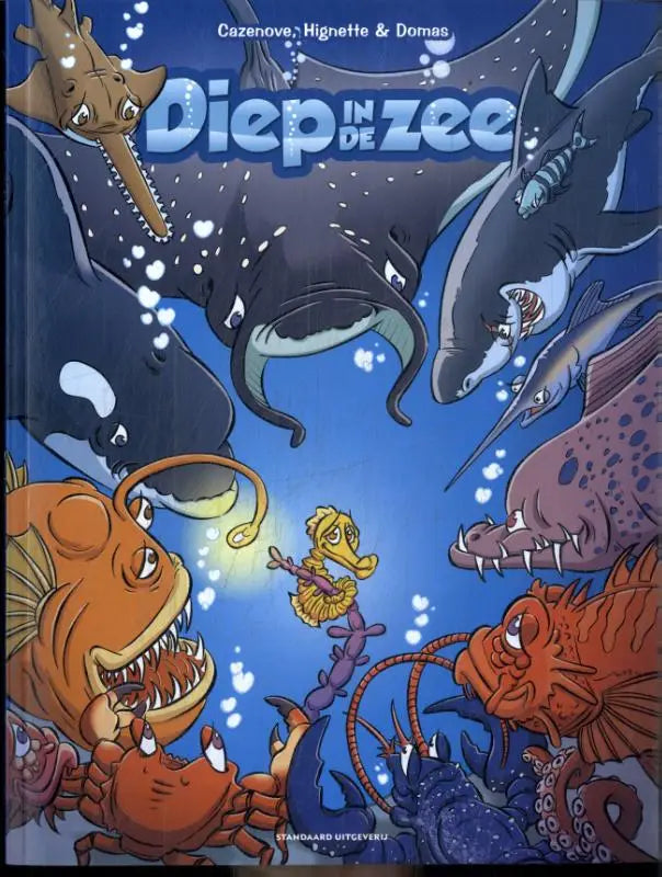 De cover van het kinderboek diep in de zee door christophe cazenove toont een kleurrijke onderwaterwereld met cartoons