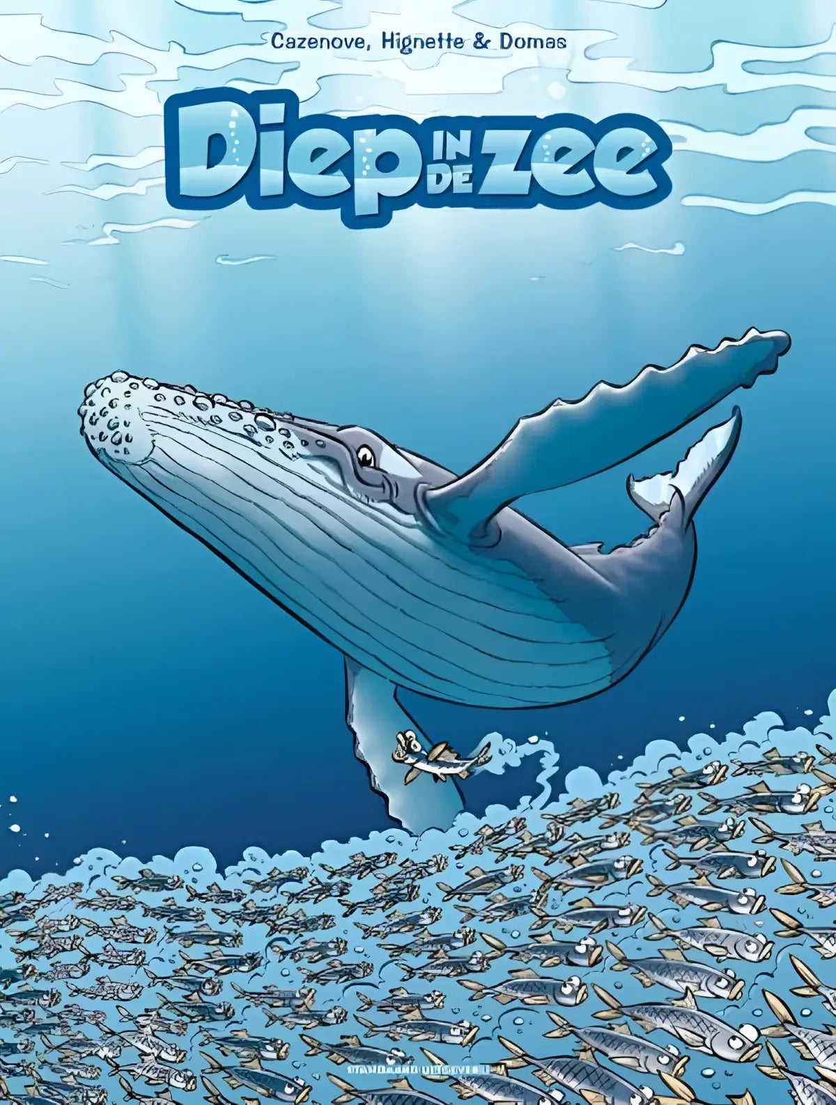 Cartoonillustratie van een blauwe vinvis met witte buik en textuur zwemmend omhoog in turkoois water zee deel graphic novel