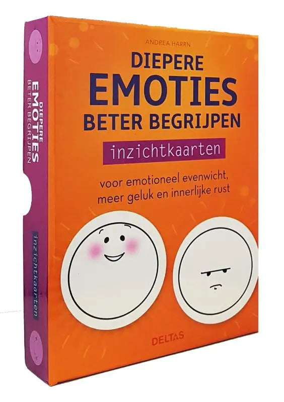 Oranje en paarse doos met inzichtkaarten van andrea harren voor diepere emoties en innerlijke rust