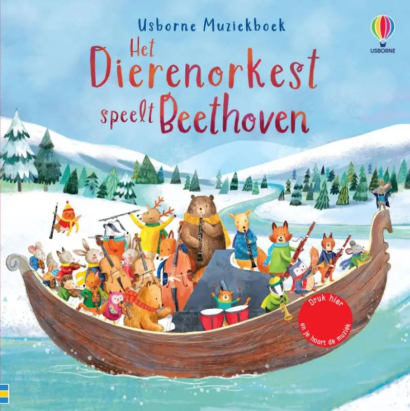 Houten boot gevuld met dierenorkest speelt beethoven met geanimeerde muzikale dieren op een besneeuwde rivier voor jonge lezers