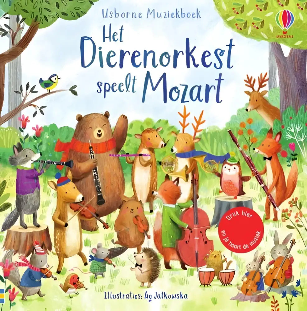 Kleurrijk kinderboek dierenorkest speelt mozart met bosdieren die klassieke instrumenten bespelen voor jonge lezers