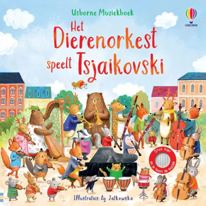 De cover van het kinderen muziekboek dierenorkest speelt tsjaikovski toont kleurrijke dieren in kostuum met instrumenten